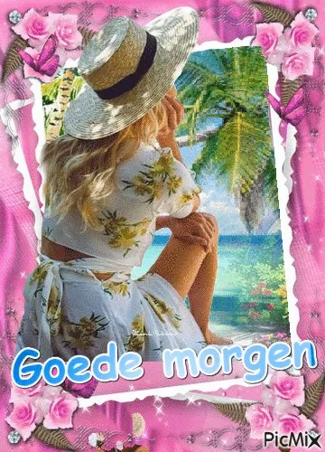 Vrouw in zomerse outfit met hoed, betracht de zee met palmbomen, tekst 'Goede morgen'.