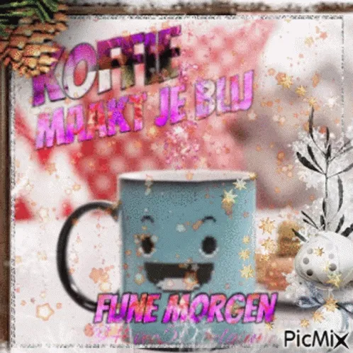 Een vrolijke mok met tekst over koffie en een fijne morgen, versierd met sneeuwvlokken.