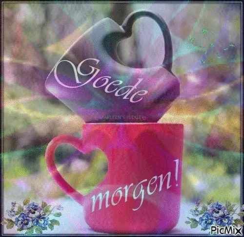 Twee koffiemokken met teksten 'Goede' en 'morgen!' in levendige kleuren.