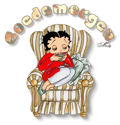 Een meisje in een stoel drinkt koffie met de tekst "Goede Morgen" erboven.