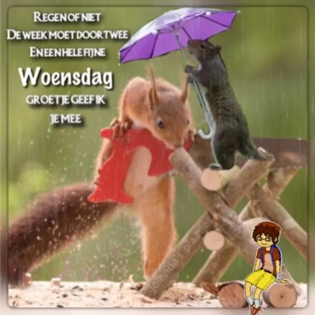 Eekhoorn met een parasol onder de regen, cartoonfiguur kijkt glimlachend toe.