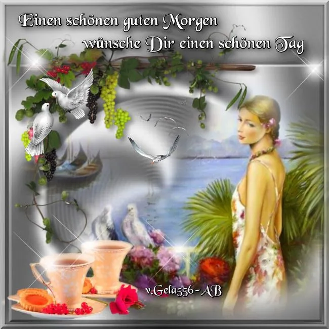 Vrouw met bloemen, vogels en een landschap, ochtendgroet en wensen voor een mooie dag.