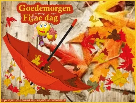 Een paraplu met bladeren en de tekst "Goedemorgen, fijne dag".