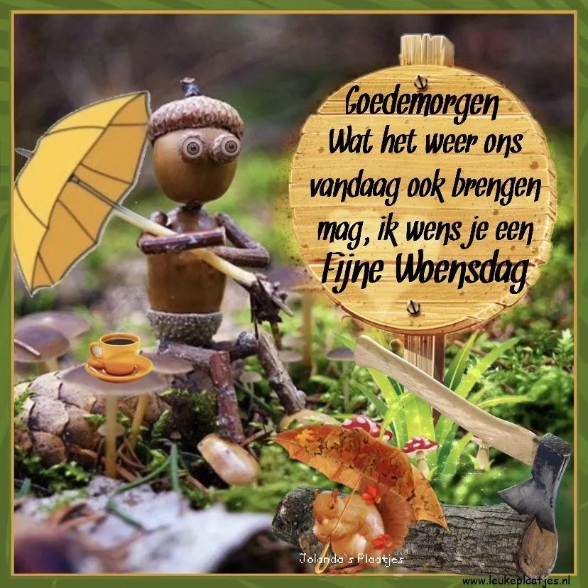 Houten pop met parasol in natuur, tekst: Goede morgen, fijne woensdag gewenst.