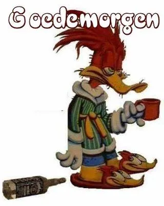 Een cartoonfiguur met een kopje koffie en een tube lijm, in pyjama en slippers.