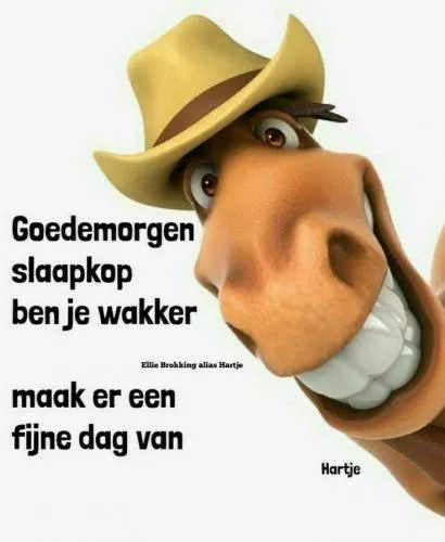 Een vrolijk paard met een hoed zegt: "Goedemorgen, maak er een fijne dag van."