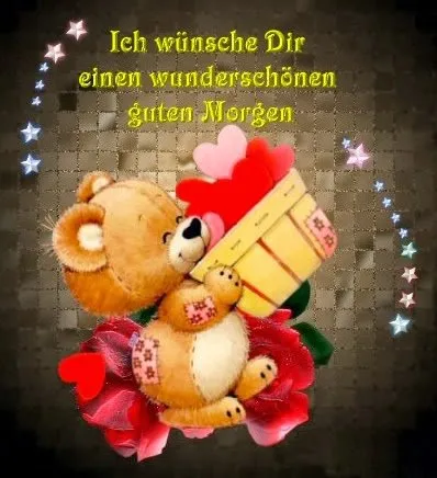 Teddybeer met een cadeau voor een goede morgen, omringd door bloemen.