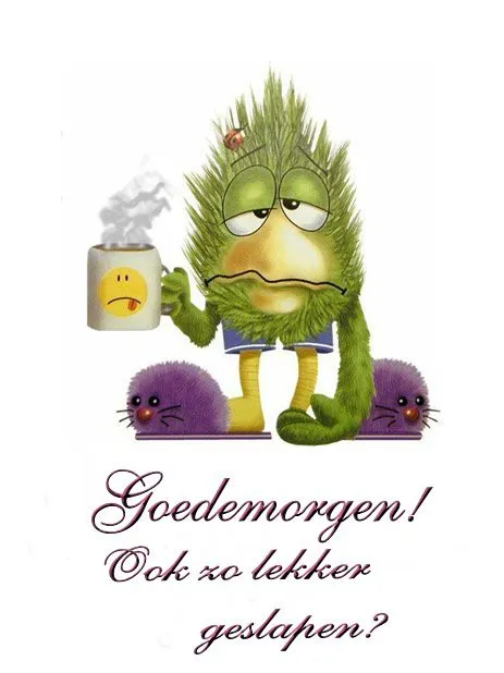 Een slaperig personage met een koffiekop en schattige dieren, begroet de ochtend.