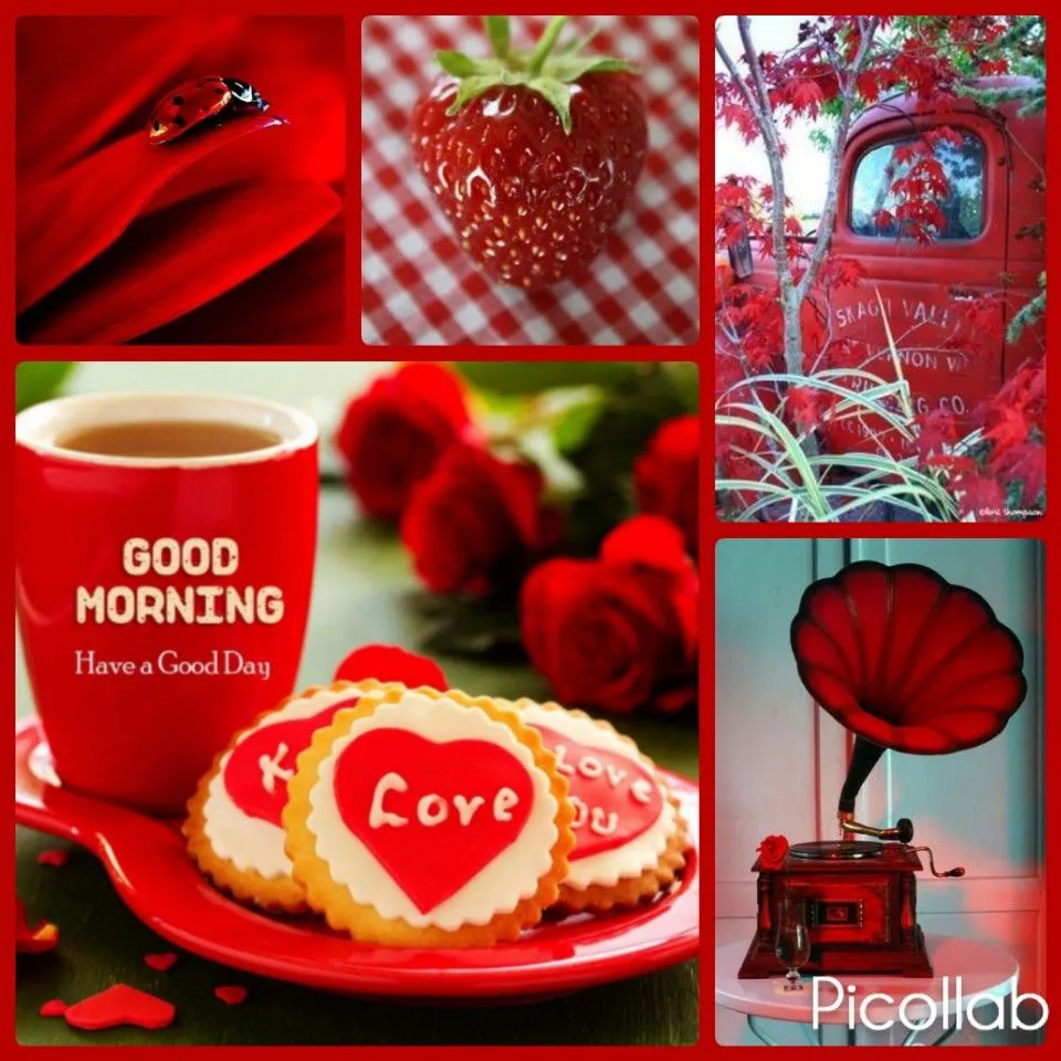 Een collage van rode objecten: een aardbei, een koffie mok, koekjes, en een grammofoon.