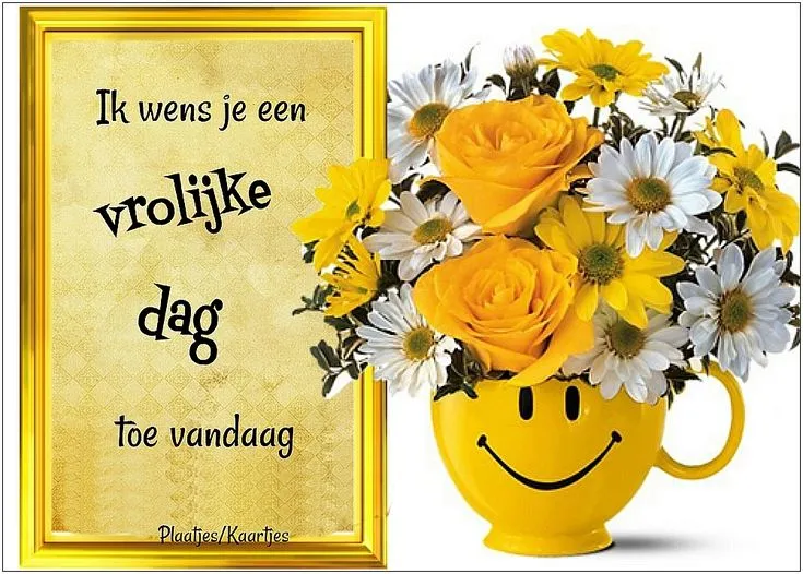 Gele bloemen in een glimlachende vaas met de tekst "Ik wens je een vrolijke dag".