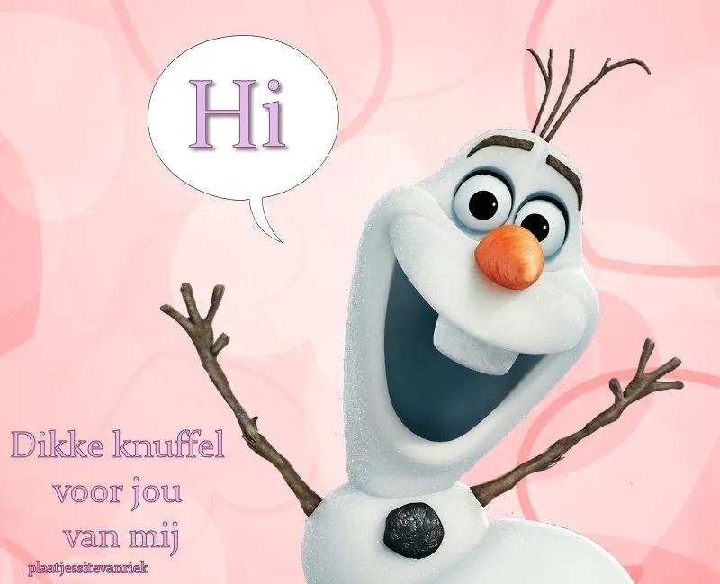 ᐅ goedemorgen knuffel - Fijne Dag plaatjes Olaf, een vrolijke sneeuwpop, zegt "Hi" met een knuffel voor jou.