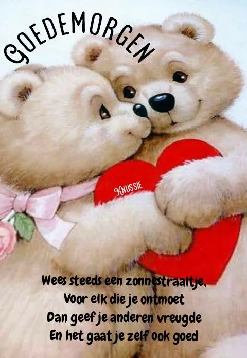 ᐅ goedemorgen knuffel - Fijne Dag plaatjes Twee schattige teddyberen die een hart vasthouden met een vrolijk groet.