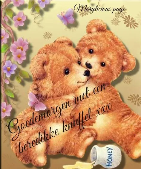 ᐅ goedemorgen knuffel - Fijne Dag plaatjes Twee schattige teddyberen omarmend met een tekst voor een goede morgen.