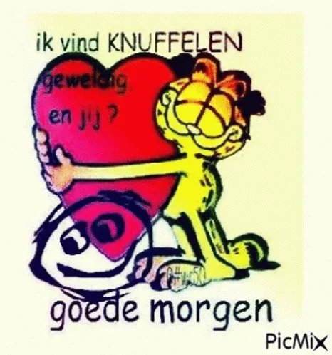 ᐅ goedemorgen knuffel - Fijne Dag plaatjes Tekende Garfield met een hart en de tekst: "Ik vind knuffelen geweldig, en jij? Goedemorgen."