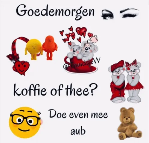 Koffie of thee? Groetjes met schattige afbeeldingen en vrolijke tekst.