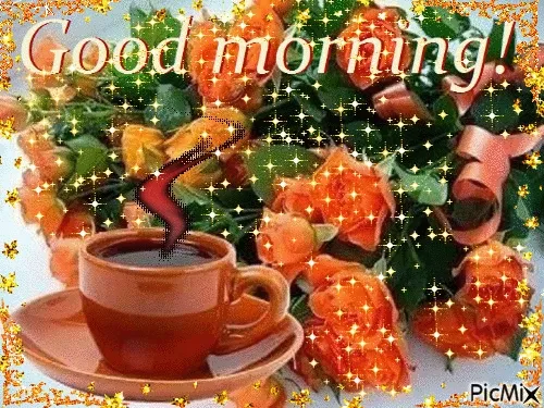 Een kopje koffie met een boeket rozen, met de tekst "Goedemorgen".