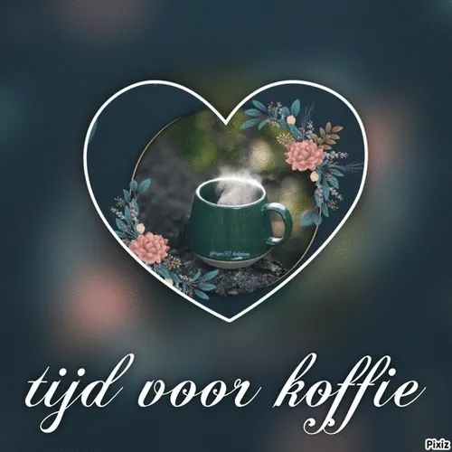 Een groene koffie- of theekop in een hartvormige omlijsting met bloemen.