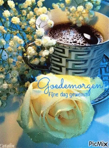 Een kopje koffie met een witte roos en een boodschap voor een fijne dag.