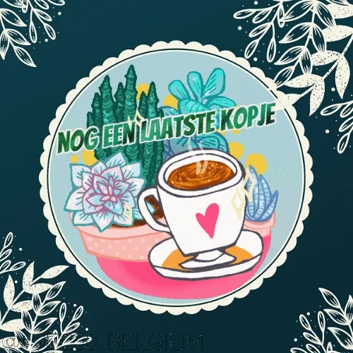 Illustratie van een koffiehouder met planten en de tekst: 'Nog een laatste kopje'.