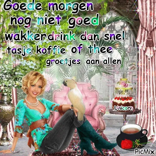 Vrouw met papegaai en koffie in een kleurrijke kamer, tekst begroet de dag.