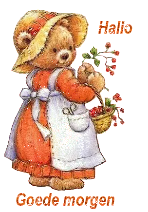 Een schattige teddybeer met een mandje bloemen en een hoed, met de tekst "Hallo, Goede morgen".