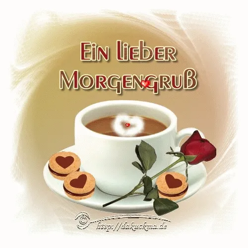 Koffiekop met een roos en hartvormige koekjes, met de tekst "Een lieve morgengroet".