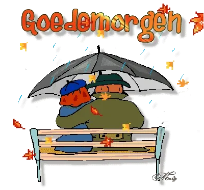 Een stel zit onder een paraplu op een bankje terwijl het regent.