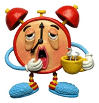 Een slaperige klok met koffiekop, slippers en een verbaasde uitstraling.