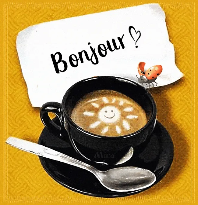 Zwart kopje koffie met een zonnetjeslatte-art en de tekst 'Bonjour'.