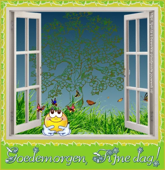 Een open raam met een vrolijke zon en vlinders in een groene omgeving.