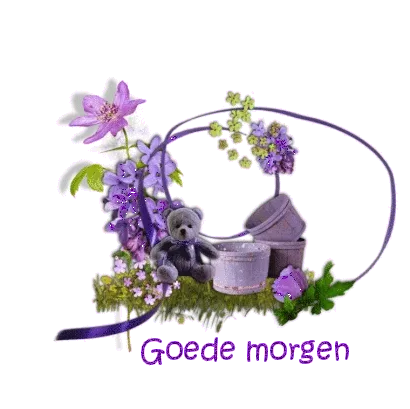 Decoratieve afbeelding met tekst "Goede morgen" en bloemen, inclusief een teddybeer.