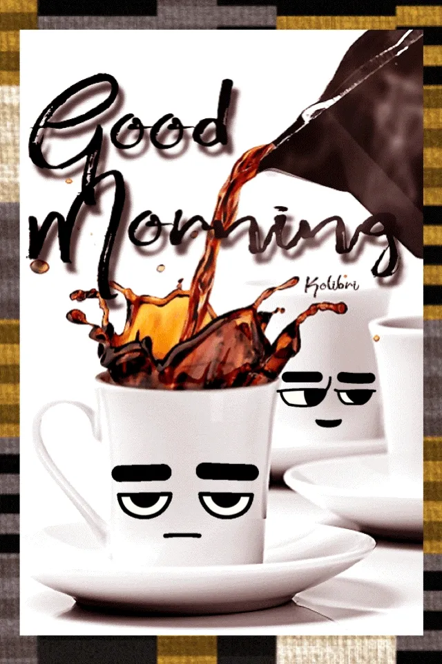 Koffie met een gezicht spat uit een witte mok, met "Good Morning" tekst.
