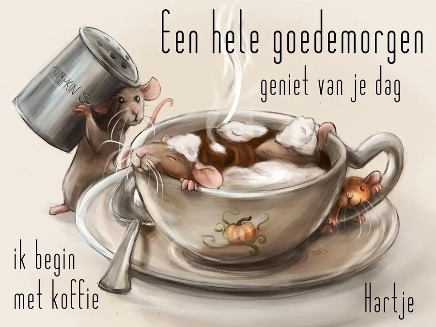 Illustratie van muizen die in een koffiecup ontspannen met de tekst "Een hele goedemorgen".