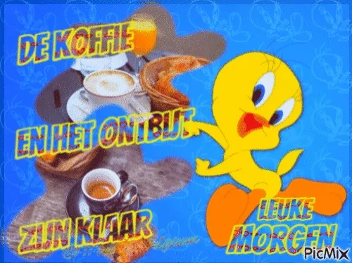 Koffie en ontbijt zijn klaar met een cartoonfiguur op de achtergrond.
