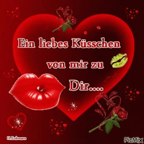 Rode hart met lippen, rozen en de tekst: "Een lief kusje van mij voor jou."