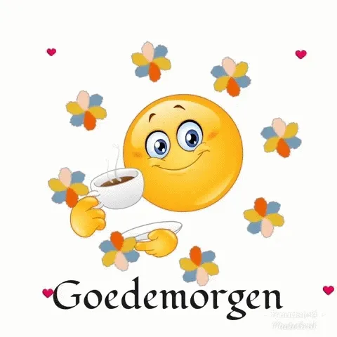 Een zonnetje met een kopje koffie omringd door bloemen, met de tekst "Goedemorgen".