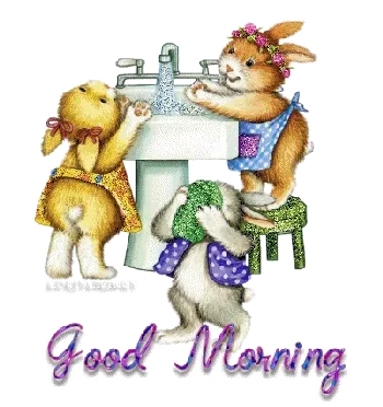 Drie schattige konijnen spelen bij een wastafel. Ze zijn vrolijk en creatief.