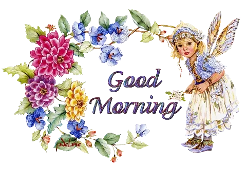 Een fee met bloemen, met de tekst "Good Morning" eromheen.