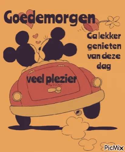 Mickey en Minnie Mouse in een auto met de tekst "Goedemorgen, veel plezier".