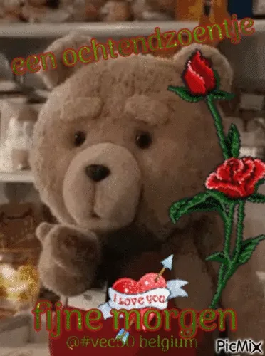 ᐅ goedemorgen lieverd gif - Goedemorgen plaatjes Een schattige teddybeer met een roos en de tekst "fijne morgen".