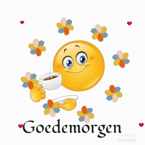 ᐅ goedemorgen lieverd gif - Goedemorgen plaatjes Een lachende zon met een kopje koffie en bloemen, met de tekst "Goedemorgen".