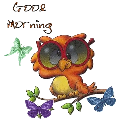 ᐅ goedemorgen lieverd gif - Goedemorgen plaatjes Een schattige uil met zonnebril, zittend op een tak, omringd door vlinders.