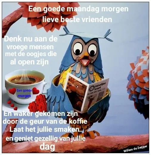 ᐅ goedemorgen maandag humor - Maandag plaatjes Een vogel leest een boek, met een kopje koffie op de achtergrond en een begroeting.