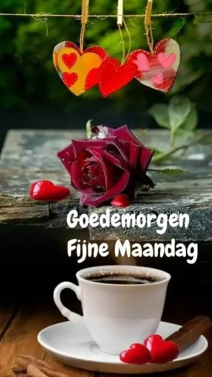 ᐅ goedemorgen maandag humor - Maandag plaatjes Kopje koffie met een rode roos en hartjes, met de tekst "Goedemorgen, Fijne Maandag".