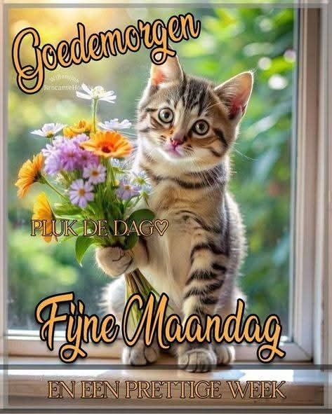 Goedemorgen Plaatjes - Katze mit Blumen am Fenster, fröhliche Grüße zum Wochenstart.