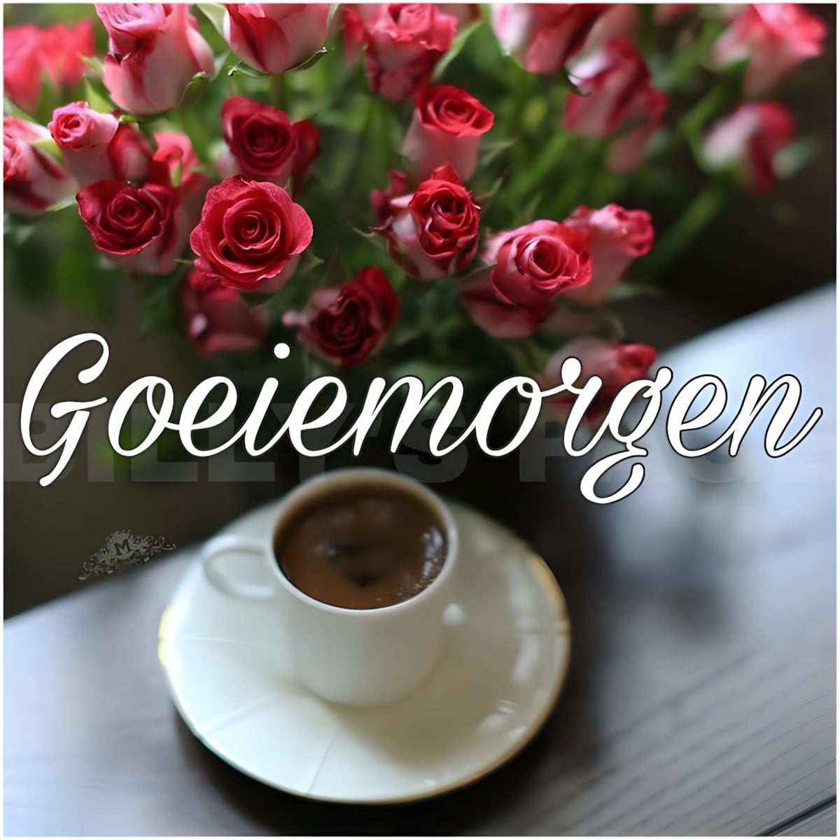ᐅ Kostenlose Goedemorgen Plaatjes - Die schönsten Bilder - Goedemorgen plaatjes Goedemorgen Plaatjes - Tasse Kaffee und rosa Blumen mit dem Schriftzug "Goeiemorgen".