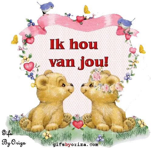 Twee schattige teddyberen met hartjes en bloemen, met de tekst "Ik hou van jou!"