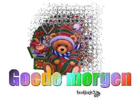 Kleurige tekst 'Goede morgen' met een schattige teddybeer in kerststijl.