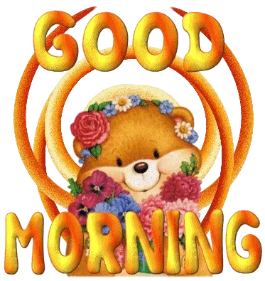 Een schattige beer met bloemen zegt "Goedemorgen".