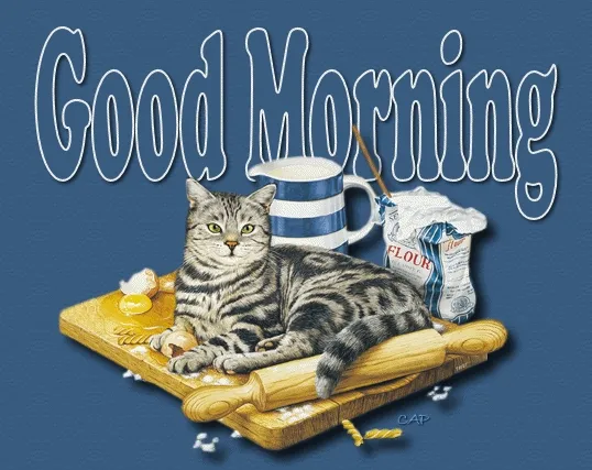 Grijze kat op een snijplank met keukengerei en de tekst 'Good Morning'.